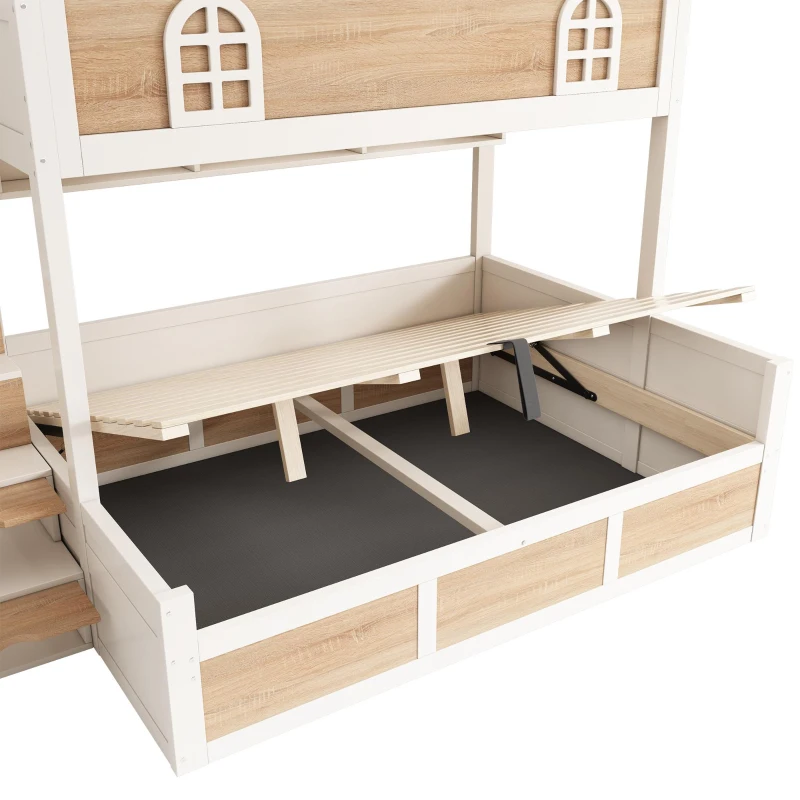 Cabin-Style Bunk Bed with Staircase Storage Cube & Hanging Baskets, Hydraulic-Lift Bed for Children, 244L x 140W x 155H cm, Natural+White