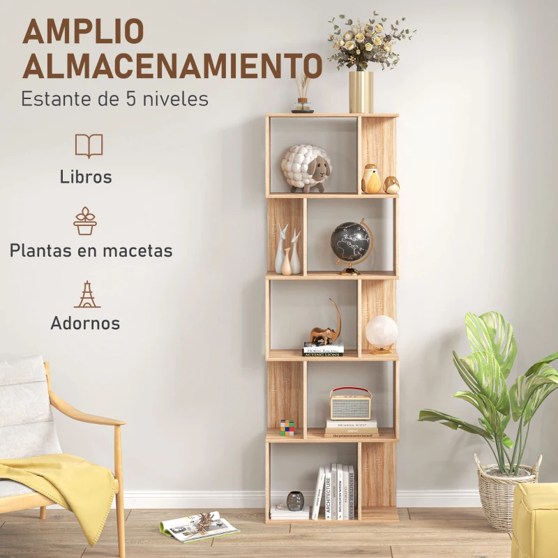 HOMCOM Librería de 5 Niveles Estantería para Libros en Forma de S para Salón Dormitorio Estudio Oficina 24x60x184,5 cm Natural
