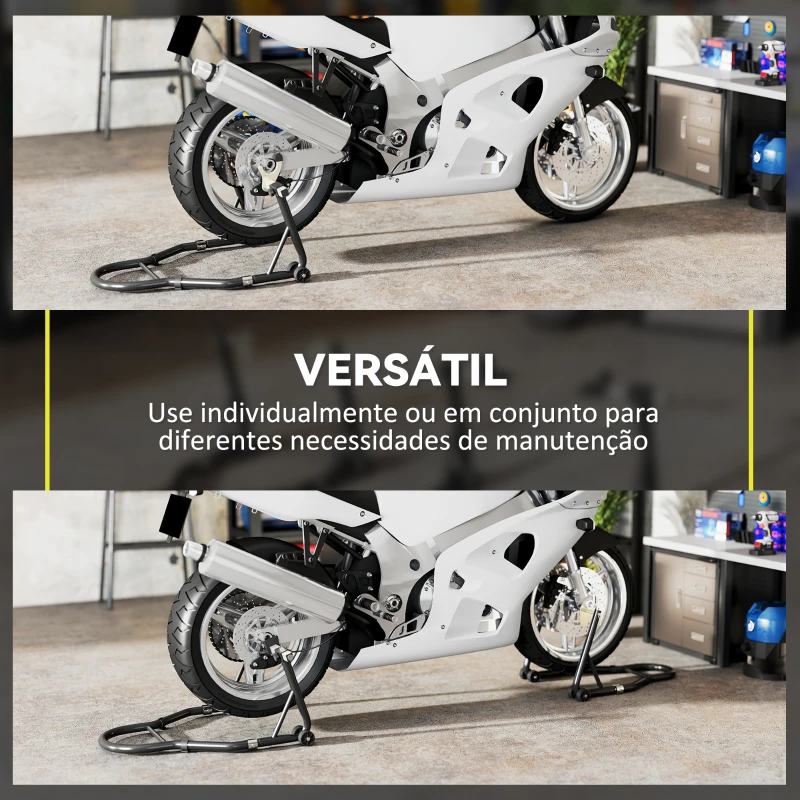 HOMCOM Cavalete de Moto Carga de 390 kg Suporte Dianteiro e Traseiro Universal Elevador de Moto em Aço com Rodas Preto