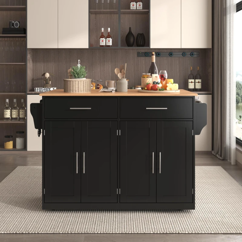 Contemporary Kitchen Storage Trolley with Foldable Dropleaf, Spacious Buffet with Towel Holders, 120L x 71W x 91.5H cm, Black+Natural