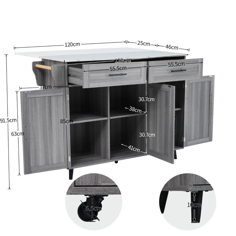 Sleek Kitchen Trolley with 2 Drawers and Foldable Tabletop, Mobile Kitchen Island with Wood Veneer, 129L x 46W x 91.5H cm, Grey+White