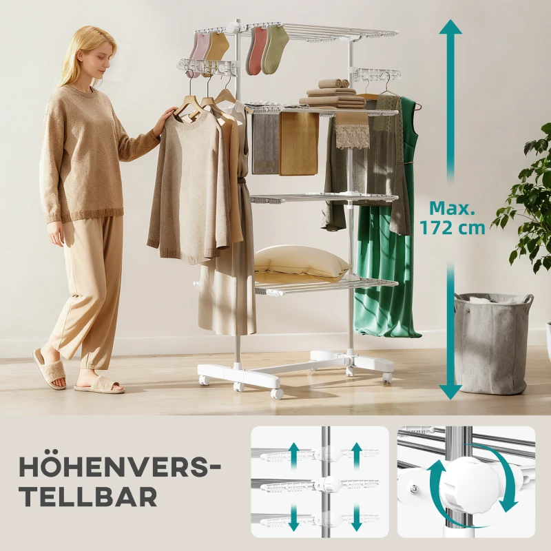 HOMCOM Mobiler Wäscheständer mit Rollen, 4 Ebenen, klappbar, Edelstahl, rostfrei, weiß+silber, 142 x 55 x 172 cm
