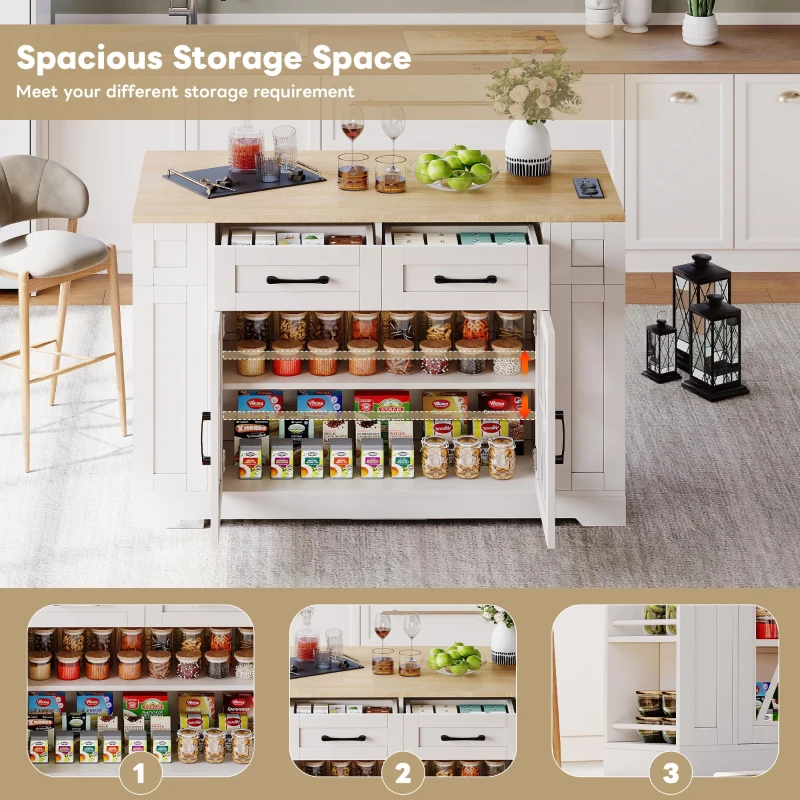 Mobile Kitchen Island with Foldable Tabletop and Sockets, Storage Buffet with Adjustable Shelves, 120L x 65W x 92H cm, White+Natural