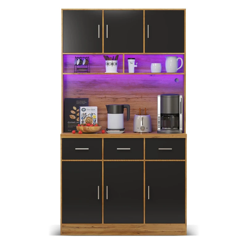 Stylish Tall Pantry Cabinet with App-Controlled LED, Spacious Larder Unit with Water-Resistant Worktop, 100L x 40W x 180H cm, Natural+Black