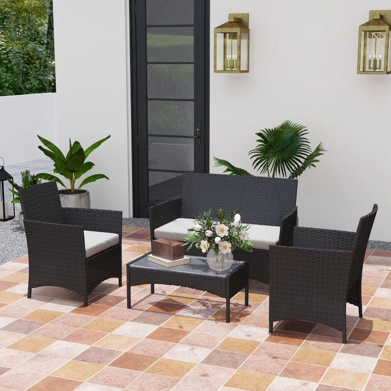 Outsunny Set mobilier de grădină exterior 4 persoane din rășină împletită cu canapele și măsuță din sticlă securizată perne incluse gri