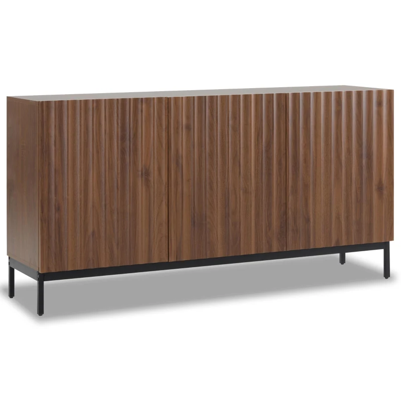 Mid-Century Sideboard with 3D Wave Design and Steel Legs, Versatile Cabinet with 3 Doors, Adjustable Shelves, 150L x 40W x 80H cm, Natural