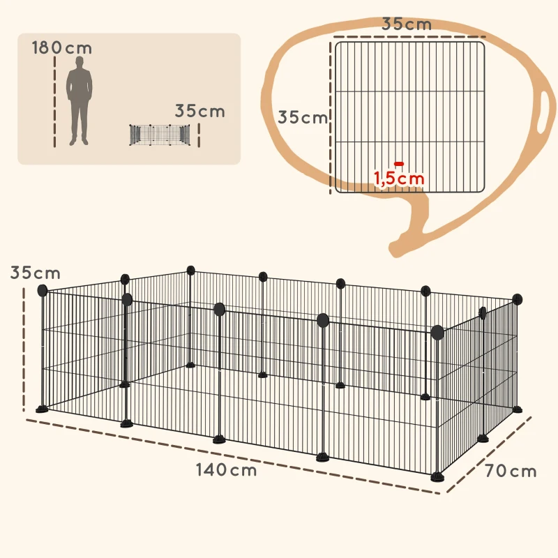PawHut Recinto de Metal para Animais de Estimação Recinto Metálico com 12 Painéis para Pequenos Animais DIY 140x70x35 cm Preto
