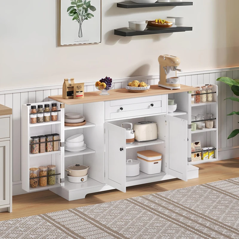 Multifunctional Kitchen Sideboard with Double-Door Compartment, Spacious Cabinet with Adjustable Shelves, 138L x 40W x 85H cm, Natural+White