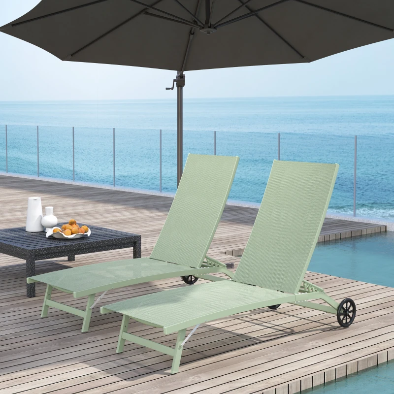 Outsunny Set de 2 șezlonguri din aluminiu și textilenă cu roți spătar rabatabil sarcină max. 150 Kg verde închis