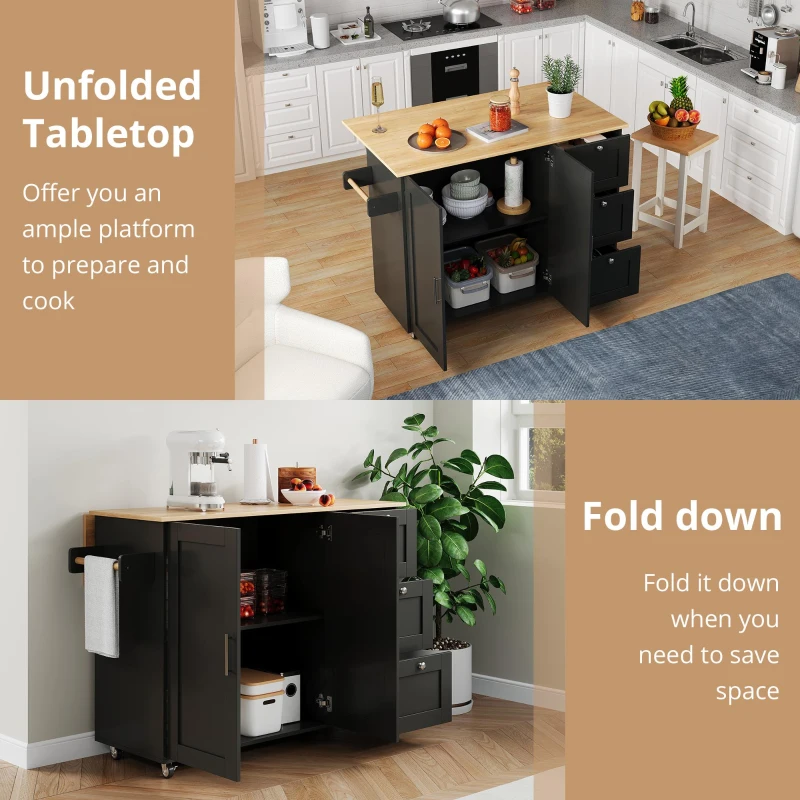 Versatile Kitchen Island with 3 Drawers and 2-Door Cabinet, Space-Saving Rolling Trolley with Foldable Worktop, 135L x 70W x 90H cm, Black