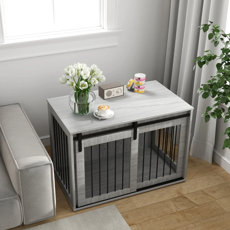 PawHut Box per cani con porta scorrevole, ventilazione, pannello di truciolato e acciaio, 98x58x61 cm, Grigio