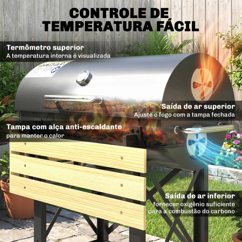 Outsunny Barbecue a Carvão Portátil Móvel com Prateleiras Dobráveis Termómetro Tampa Ventilações Ajustáveis 109x71x98 cm Preto