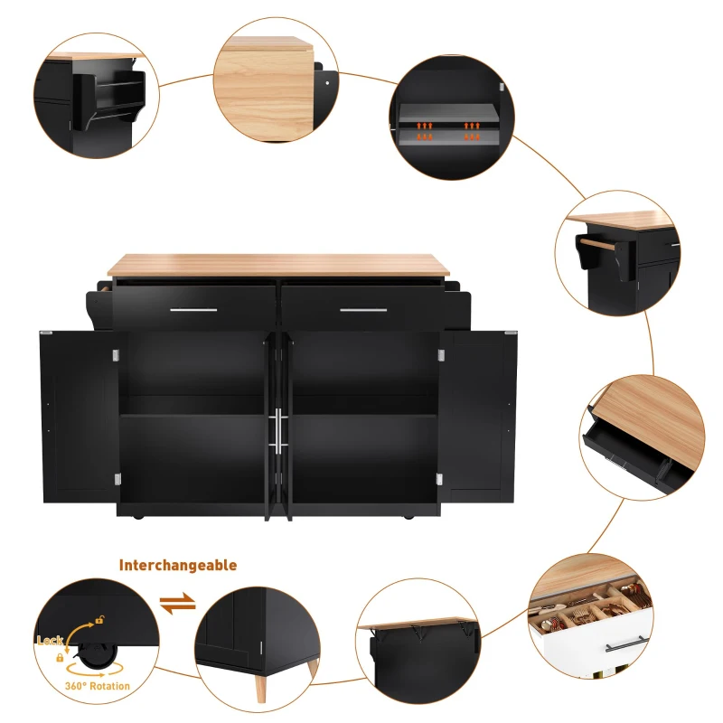 Contemporary Kitchen Storage Trolley with Foldable Dropleaf, Spacious Buffet with Towel Holders, 120L x 71W x 91.5H cm, Black+Natural