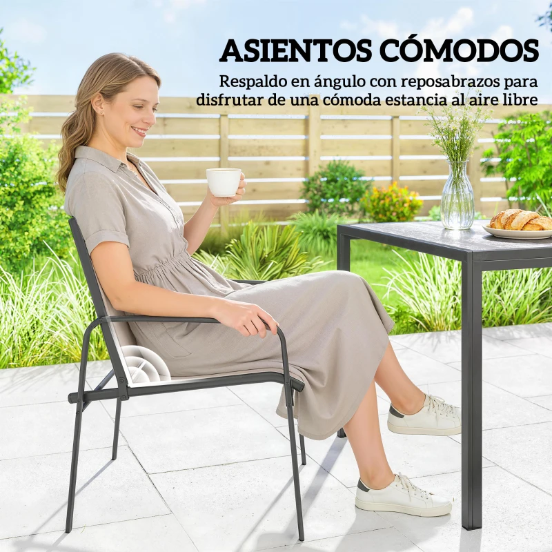 Outsunny Conjunto de Mesa y Sillas Jardín con Mesa de Efecto Madera y 6 Sillas con Asiento Transpirable para Terraza Patio Caqui