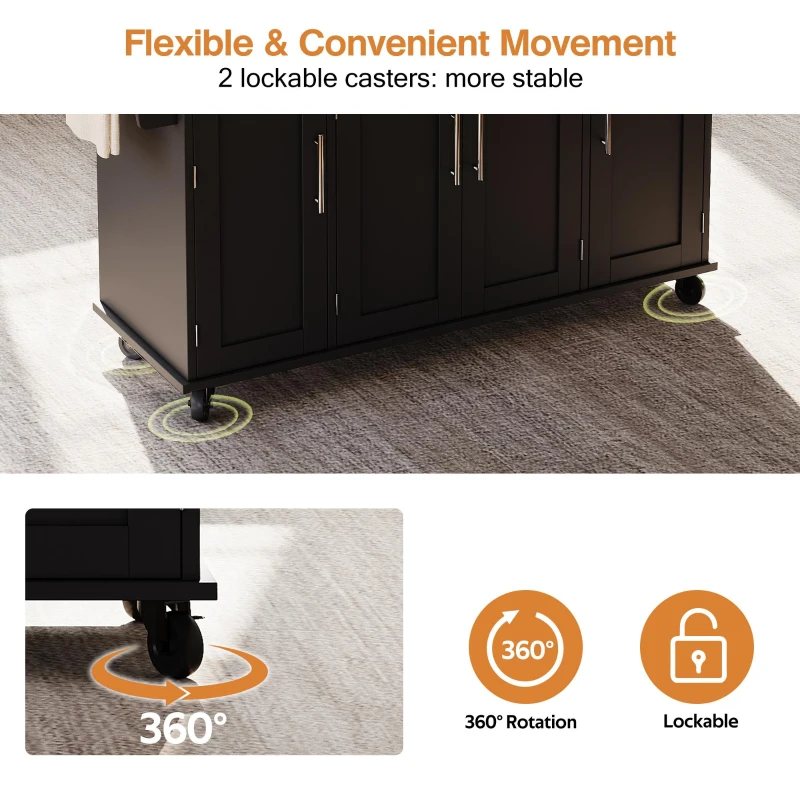 Versatile Kitchen Trolley with Fold-Out Worktop, Spacious Storage Island with Double-Door Cabinets, 136L x 70W x 92H cm, Black+Natural