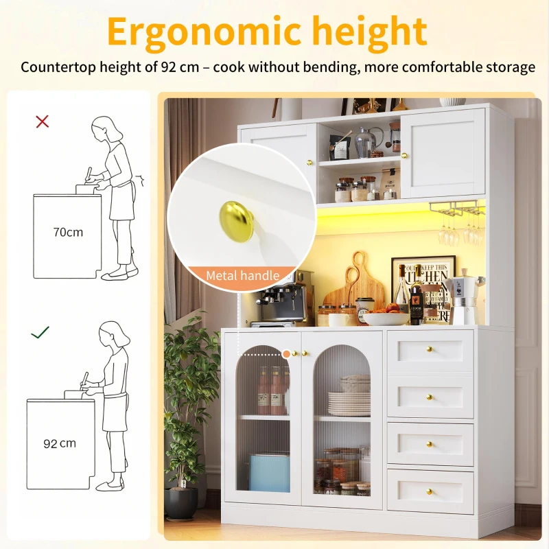 Modern Sideboard with App-Controlled LED, Snack Rack and Drink Holders, Spacious Buffet with Anti-Tip Fixings, 120L x 40W x 188H cm, White