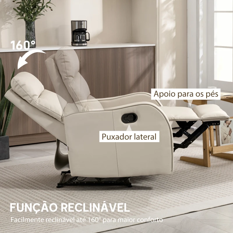 HOMCOM Poltrona Relax Reclinável Manual Revestida em PU com Apoio de Pés Retrátil Poltrona Reclinável até 160º  65x89x100 cm Creme