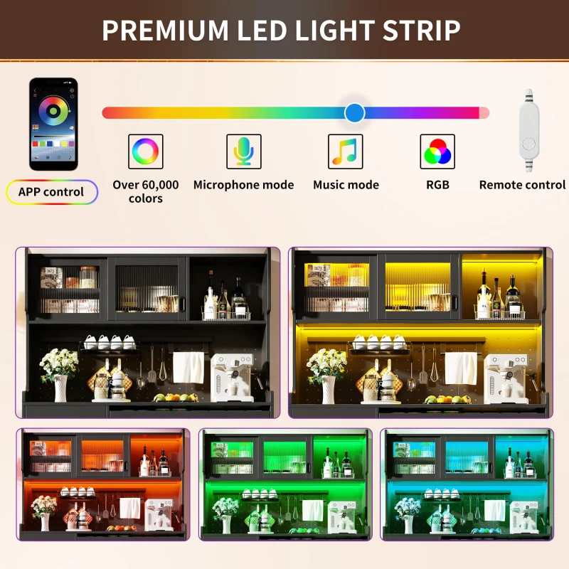 Country-Style Sideboard with Fluted Glass Doors and App-Controlled LED Strip, Storage Buffet with Pegboard Back, 145L x 39W x 171H cm, Black