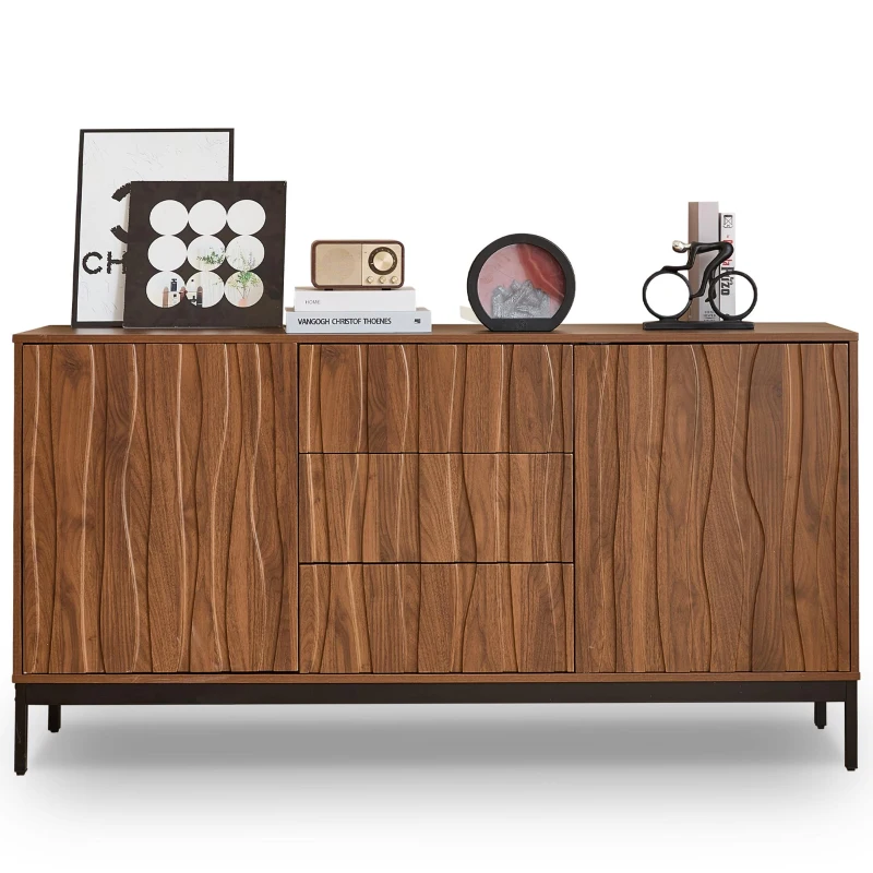 Mid-Century Modern Sideboard with Oak-Grain Slotted Design, Versatile Buffet with Adjustable Shelves, 150L x 40W x 80H cm, Natural