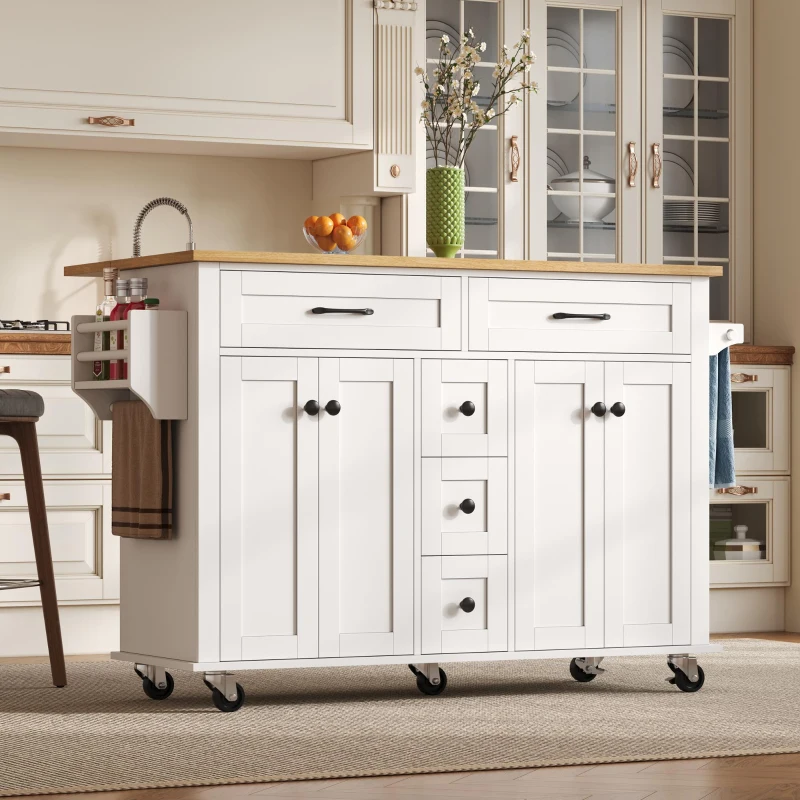 Versatile Kitchen Trolley with Extendable Worktop and 5 Drawers, Sturdy Buffet with Lockable Castors, 140L x 65W x 89H cm, White+Natural