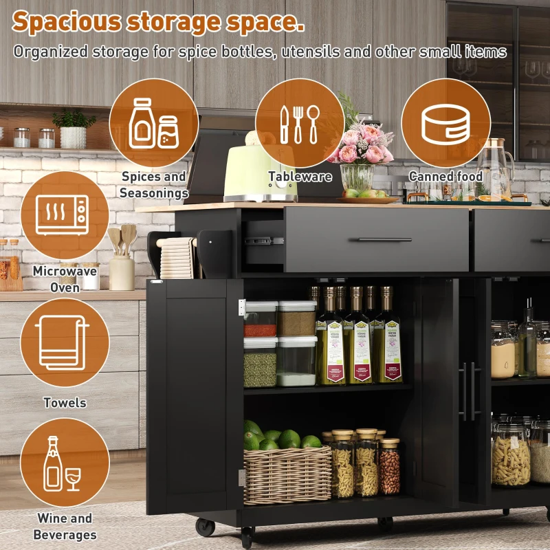 Contemporary Kitchen Storage Trolley with Foldable Dropleaf, Spacious Buffet with Towel Holders, 120L x 71W x 91.5H cm, Black+Natural