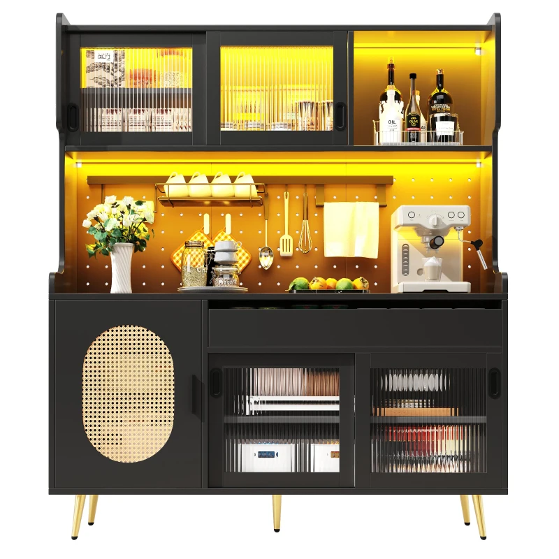 Country-Style Sideboard with Fluted Glass Doors and App-Controlled LED Strip, Storage Buffet with Pegboard Back, 145L x 39W x 171H cm, Black