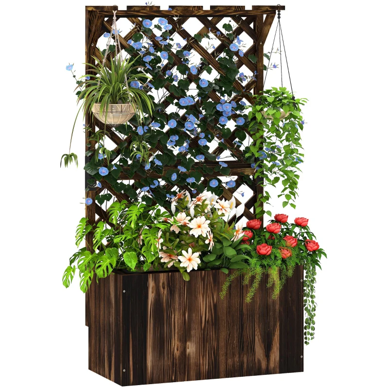 Outsunny Pat înălțat jardiniere cu spalier, ghiveci din lemn 64 x 33 x 122cm carbonizat