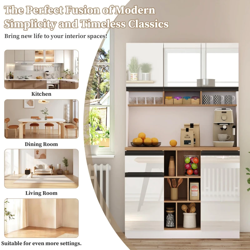 Stylish Kitchen Cabinet with Open Storage, Anti-Tip Protection, Versatile Sideboard for Dining and Living Areas, 105L x 45W x 185H cm, White