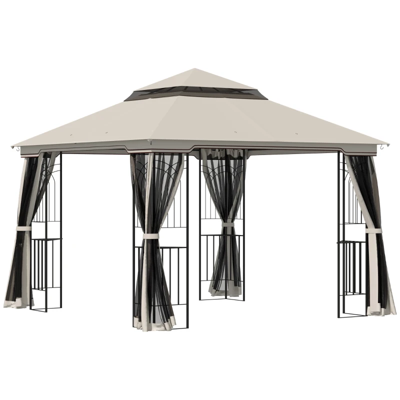 Outsunny Pavilion de grădină cu acoperiș dublu, cort pentru petreceri, cu 4 x pereți laterali, Metal+Poliester, Bej, 2,99 x 2,99 x 2,74 m