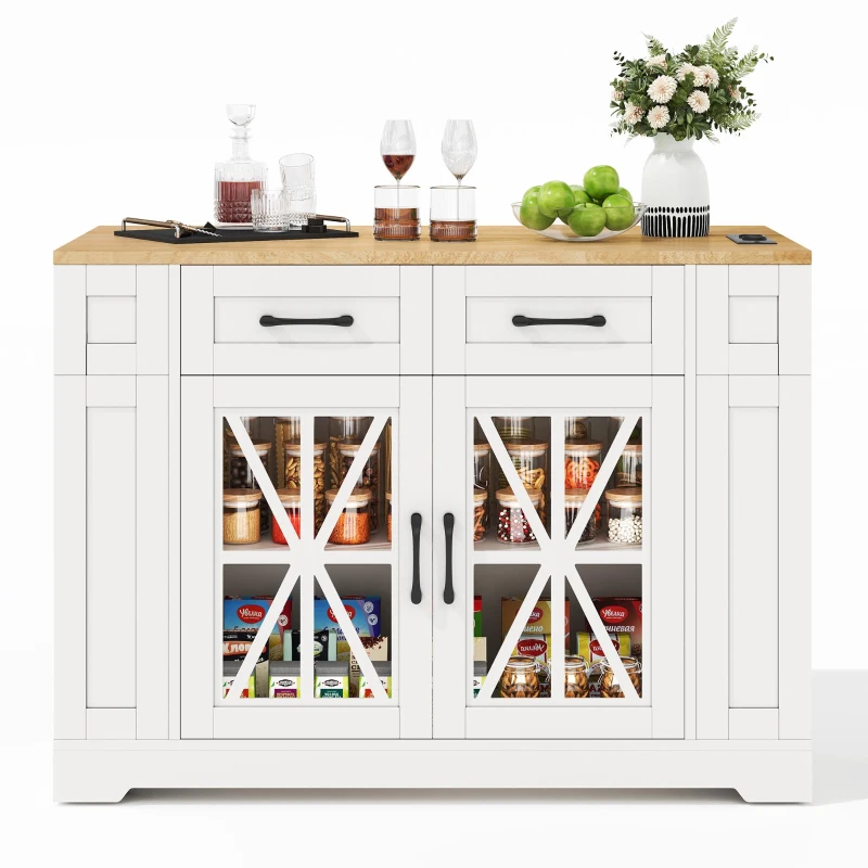Mobile Kitchen Island with Foldable Tabletop and Sockets, Storage Buffet with Adjustable Shelves, 120L x 65W x 92H cm, White+Natural