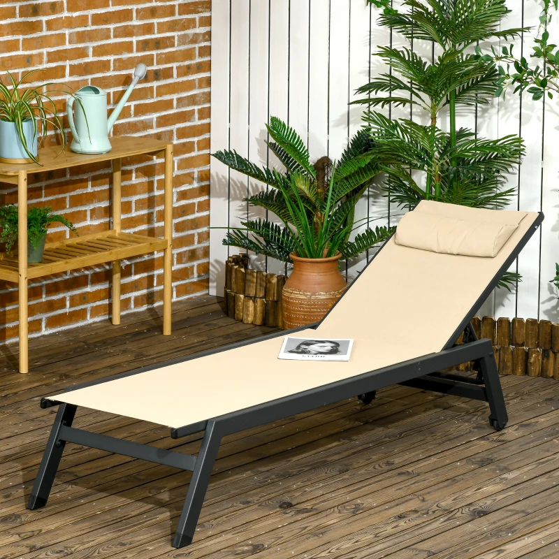 Outsunny Șezlong de soare din aluminiu și textilene cu roți și suport pentru cap, spătar reglabil, kaki
