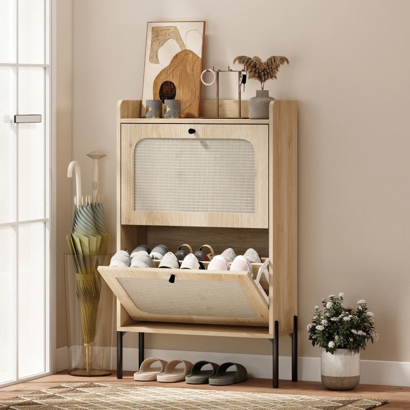 HOMCOM Scarpiera per 12 Paia, Mobile Portascarpe con 2 Cassetti Ribaltabili, Ante in Rattan e Ripiani Regolabili, 60x23,7x99,5 cm, Rovere