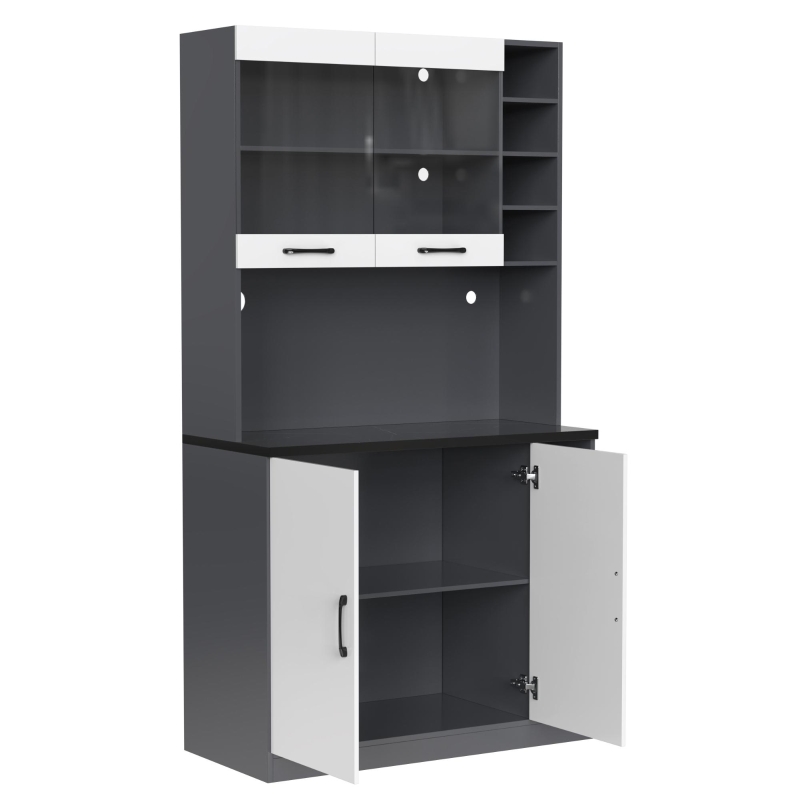 Tall Kitchen Cupboard with LED Lighting and Generous Storage, Freestanding Pantry with Microwave Shelf, 100L x 47W x 187H cm, White+gray