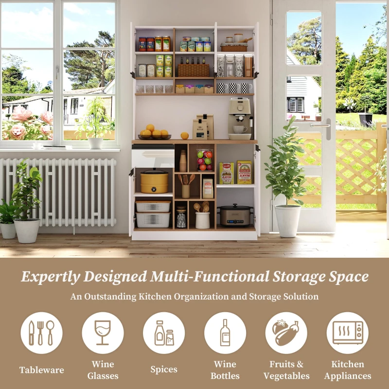 Stylish Kitchen Cabinet with Open Storage, Anti-Tip Protection, Versatile Sideboard for Dining and Living Areas, 105L x 45W x 185H cm, White