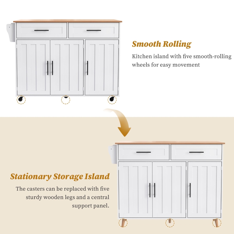 Modern Kitchen Trolley with 2 Drawers and Cabinets, Mobile Kitchen Island with Foldable Tabletop, 129L x 46W x 91.5H cm, White+Natural