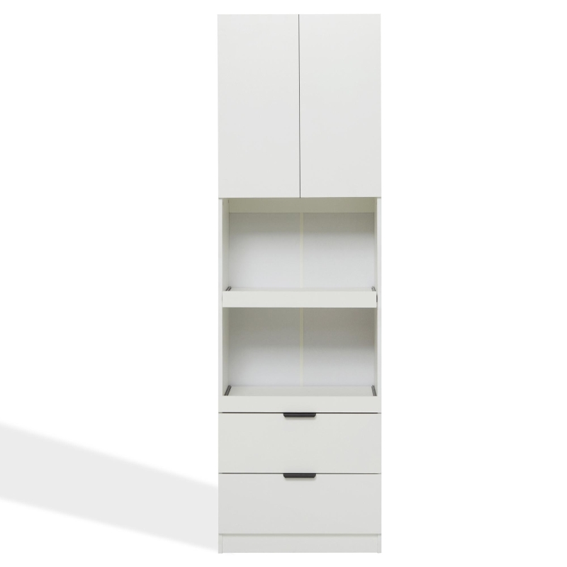 Freestanding Pantry Cabinet with 2 Open Sliding Shelves, Multifunctional Sideboard for Dining & Living Rooms, 59.5L x 45W x 200H cm, White