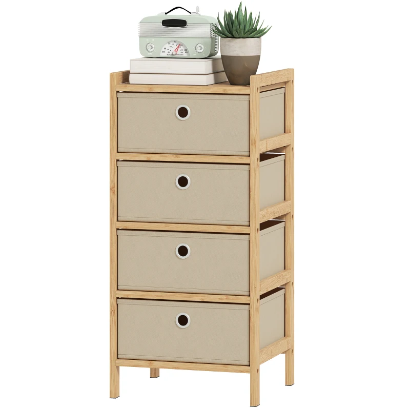 HOMCOM Chest of Drawers, 4 Fabric Drawers Narrow Dresser with Bamboo Frame, Cream White