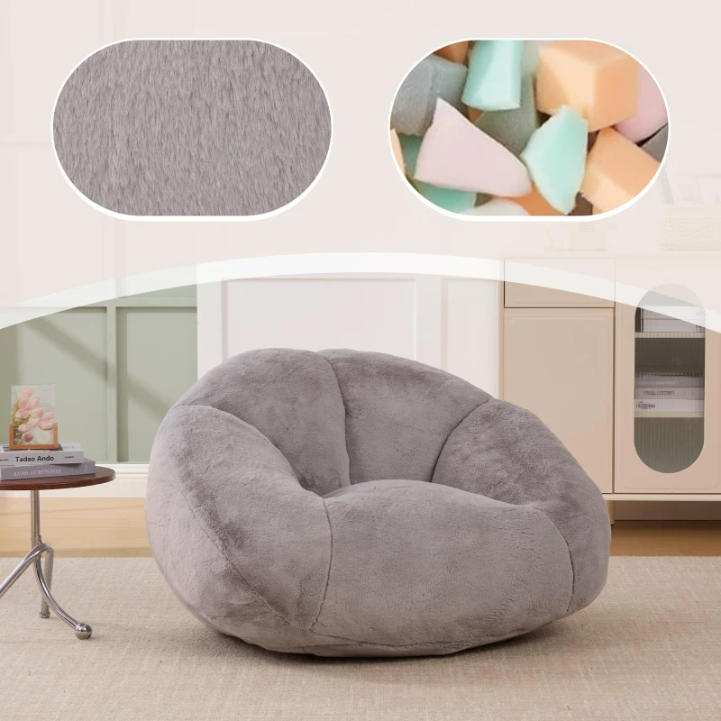 Shell-Shaped Sofa with High-Rebound Foam and Ergonomic Lumbar Support, Giant Sofa with Faux Fur, 100L x 90W x 57H cm, Light Gray