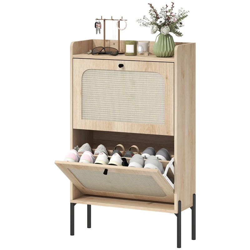 HOMCOM Scarpiera per 12 Paia, Mobile Portascarpe con 2 Cassetti Ribaltabili, Ante in Rattan e Ripiani Regolabili, 60x23,7x99,5 cm, Rovere