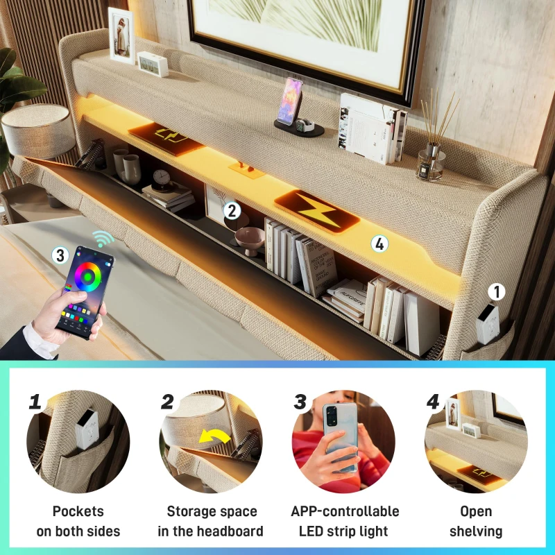 Upholstered Storage Bed with Integrated LED Lighting and USB Ports, Hydraulic Bed with Metal Slatted Frame, 225L x 156W x 111H cm, Beige