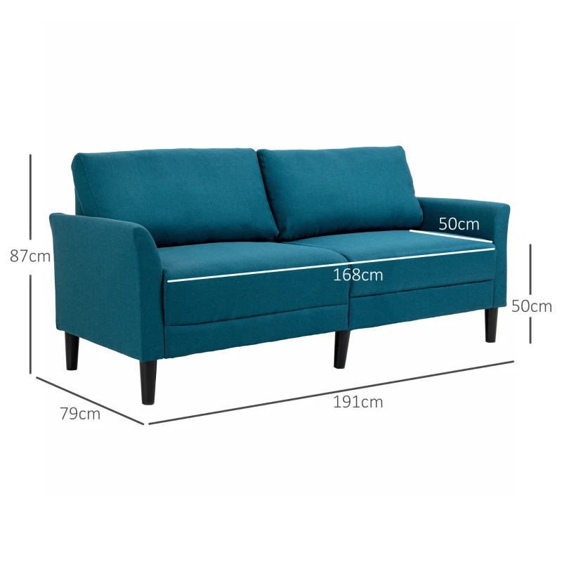 HOMCOM Divano 3 Posti in Tessuto con Seduta Profonda e Imbottitura Spessa, 191x79x87 cm, Blu Pavone
