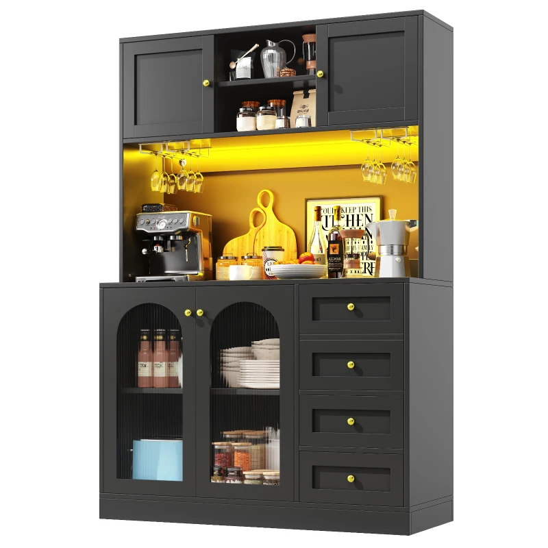 Trendy Sideboard with App-Controlled LED, Snack Rack and Drink Holders, Spacious Buffet with Anti-Tip Fixings, 120L x 40W x 188H cm, Black