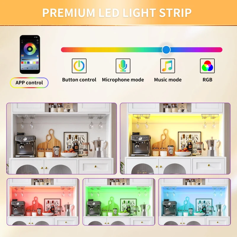 Modern Sideboard with App-Controlled LED, Snack Rack and Drink Holders, Spacious Buffet with Anti-Tip Fixings, 120L x 40W x 188H cm, White