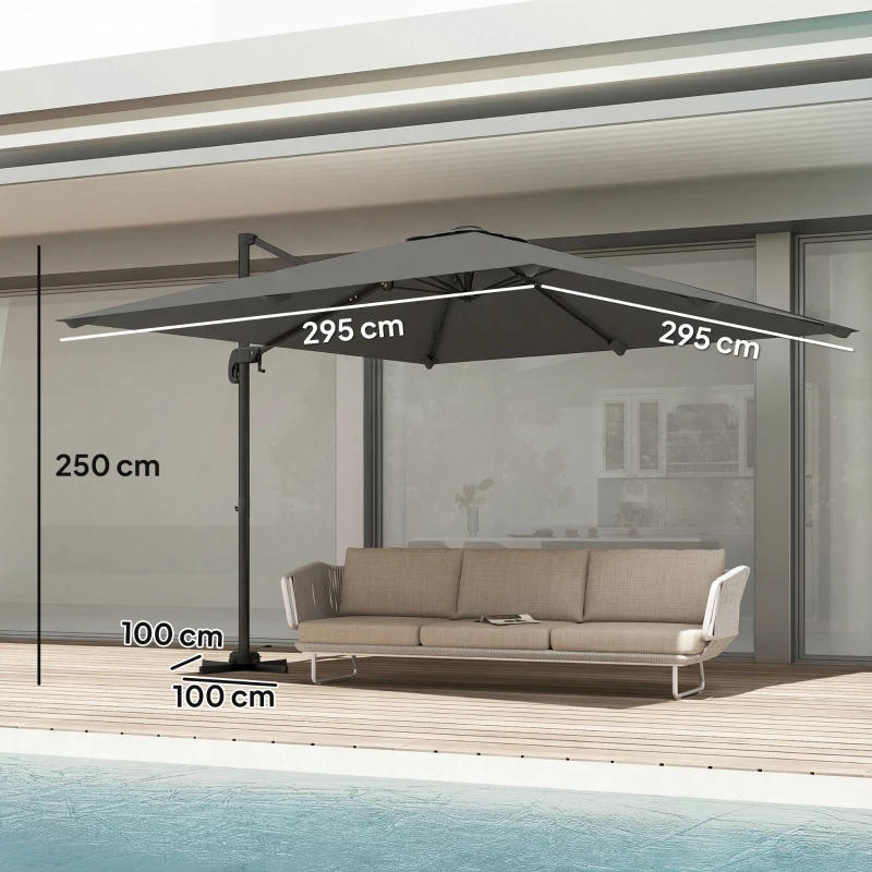 Outsunny Umbrelă de Grădină Decentralizată cu Manivelă 3x3m, Înclinabilă, Rotativă 360°, Umbrelă de Exterior Pătrată cu Bază Cruce, din Aluminiu, pentru Terasă sau Piscină, UV30+, Gri Închis
