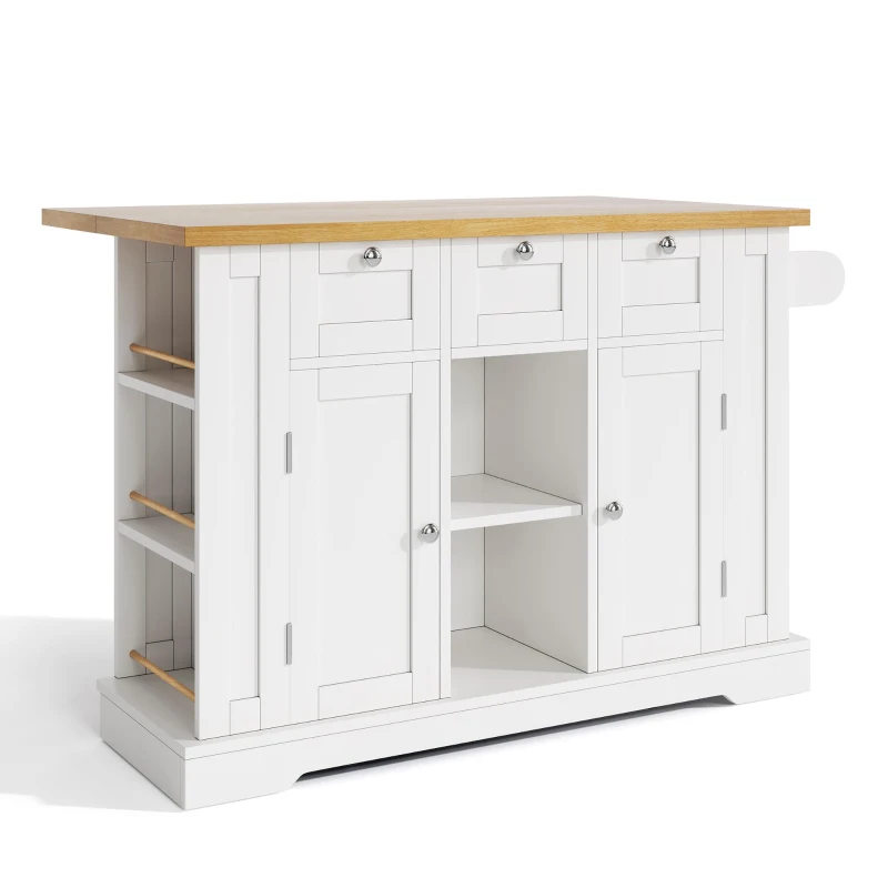 Versatile Kitchen Island with 3 Drawers and 2‑Door Cupboards, Practical Trolley with Extendable Worktop, 132L x 70W x 87H cm, White+Natural