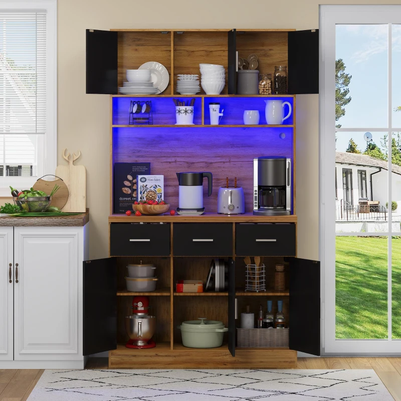 Stylish Tall Pantry Cabinet with App-Controlled LED, Spacious Larder Unit with Water-Resistant Worktop, 100L x 40W x 180H cm, Natural+Black