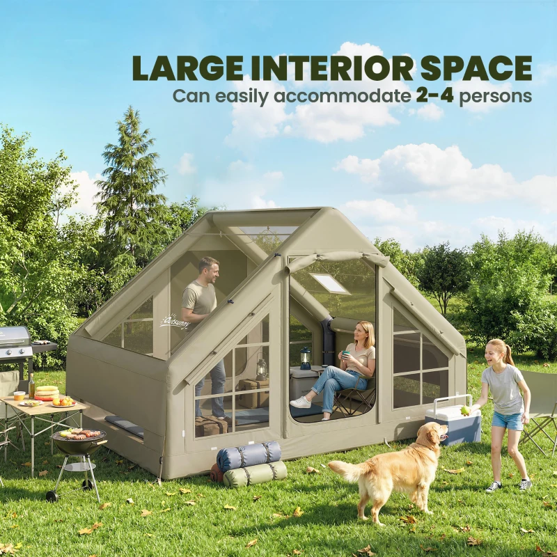Outsunny Inflatable Camping Tent with Pump and Stove Jack Hole, Luxury Inflatable Tent with Mesh Windows, Doors, Olive Green