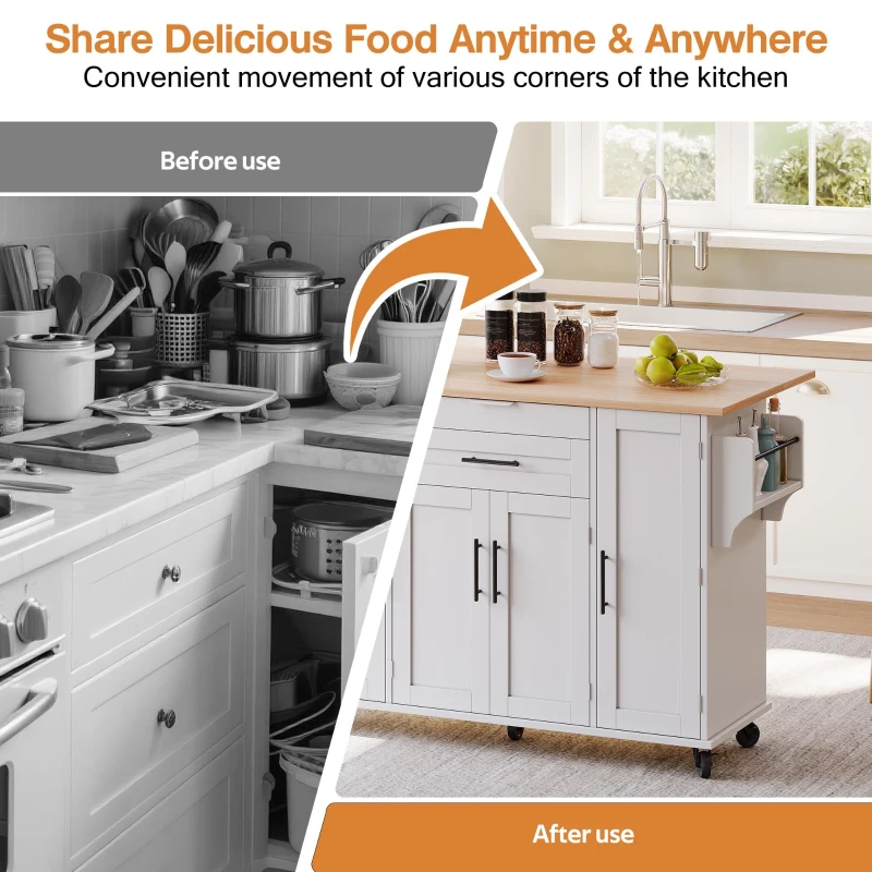 Versatile Kitchen Trolley with Fold-Out Worktop, Spacious Storage Island with Double-Door Cabinets, 136L x 70W x 92H cm, White+Natural