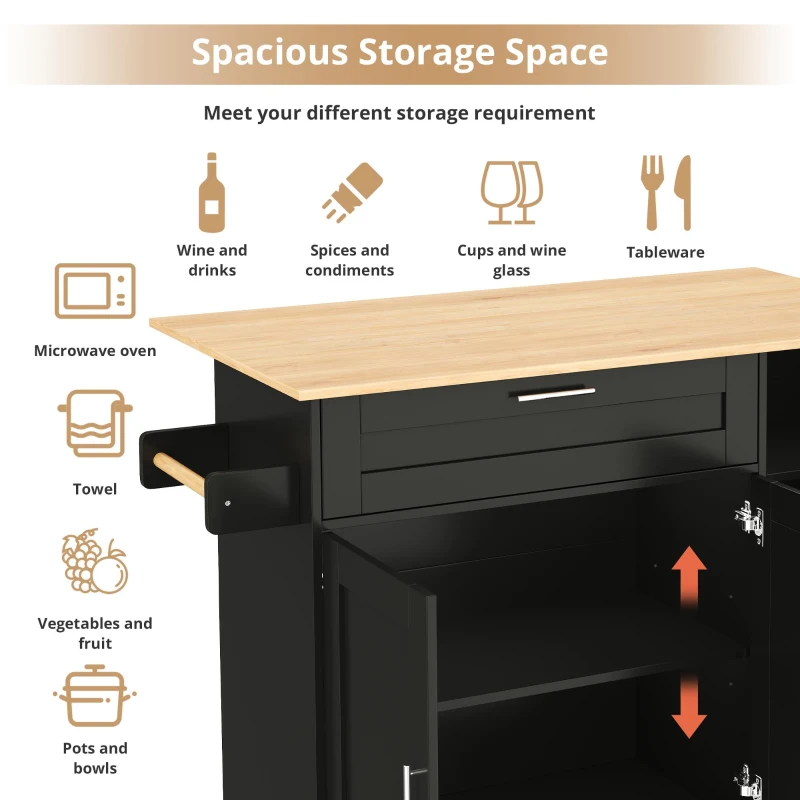 Versatile Kitchen Island with Foldable Worktop and Shelves, Multifunctional Cabinet for Dining Areas, 132.5L x 44W x 90H cm, Black+Natural