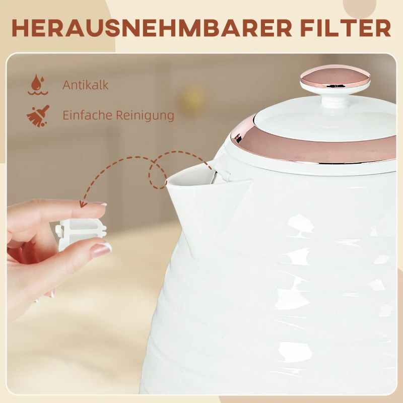 HOMCOM Elektrischer Wasserkocher, 1,7L, 2,2kW, Schnellkochfunktion mit Abnehmbarem Waschbarem Anti-Kalk-Filter